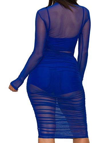 Image of Lrady Women Sexy Bodycon Dresses See-Through Sheer Mesh Ruched Bodycon Party Club Night Dress 3 Piece Outfits with Vest Shorts, Blue, XX-Large