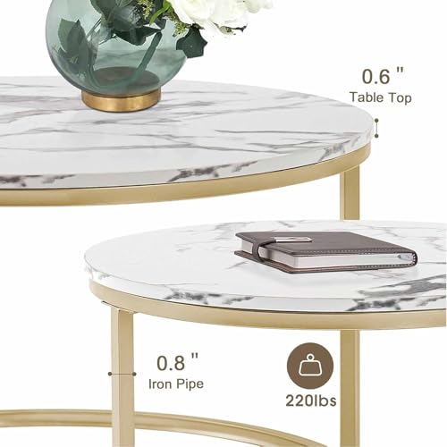 Nowoczesny okrągły zestaw stolików kawowych, 27,56" biały blat z imitacji marmuru ze złotymi metalowymi nogami, składane stoliki kawowe salonu, nowoczesny design z połowy XX wieku
