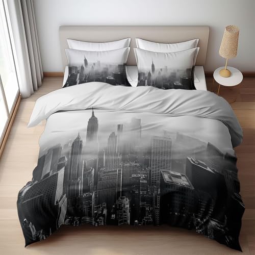 PUOJIEAT Housse de Couette 160x200 New York Parure de Lit Architecture Urbaine 3D Imprimée Microfibre Housse Couette 1 Personne New York avec Taies d'oreiller...