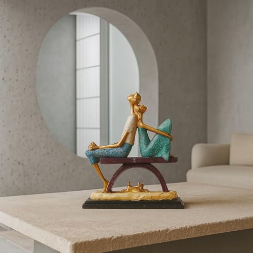 Image of Xtore Modern Artistic Couple on Bench Figurine | Resin Home Decor Accent | Unique Art Piece for Living Room, Office, or Shelf | Elegant and Whimsical Design - Multi-Color