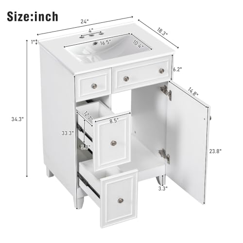 Image of 24 Inch Bathroom Vanity with Ceramic Sink, Freestanding Vanity Cabinet with 2 Drawers and 1 Door (White)