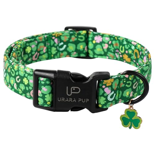 Image of St. Patrick's Day Dog Collar, Cotton St. Patricks Day Clover Collar for Puppy Girl Boy Dog or Cat, Lucky Shamrock Dog Collar with Metal Buckle, Green, Spring, XS, Neck 8-12in