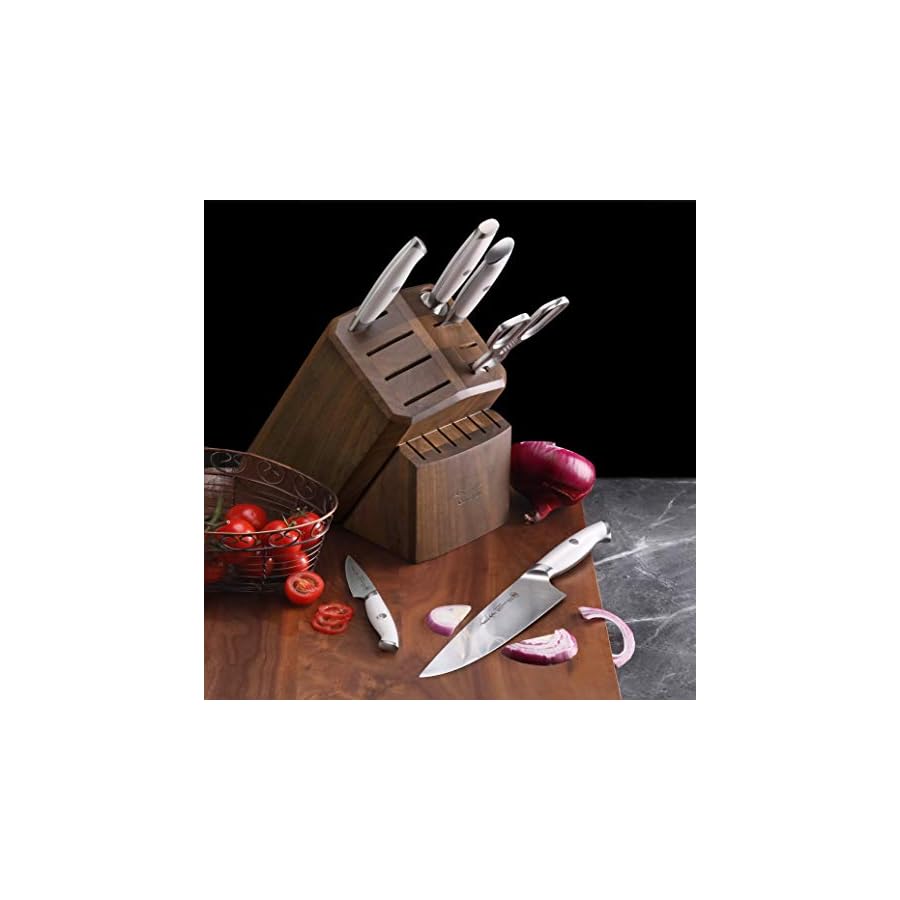 Cangshan Thomas Keller Signature Collection Swedish Powder Steel Forged, 7-Piece Knife Block Set, Walnut Block with 8 Spare Slots, White
