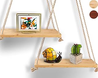 Modern Set of 2 Wooden Floating Shelves with String  Farmhouse Hanging Shelves for Living Room Wall  Bamboo Kitchen Shelves with Rope  17x5.2  Natural Bamboo Color