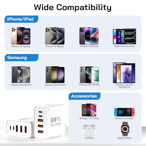 Image of 2Pack USB C Fast Charger Block, Total 60W 5-Port USB C Wall Charger 30W | Type C Charging Block,2USB C+3USB A PD3.0,Multiport Charging Cube for i Phone 17 16 15 14 Pro Max,G-alaxy S26 S25 Ultra,i Pad