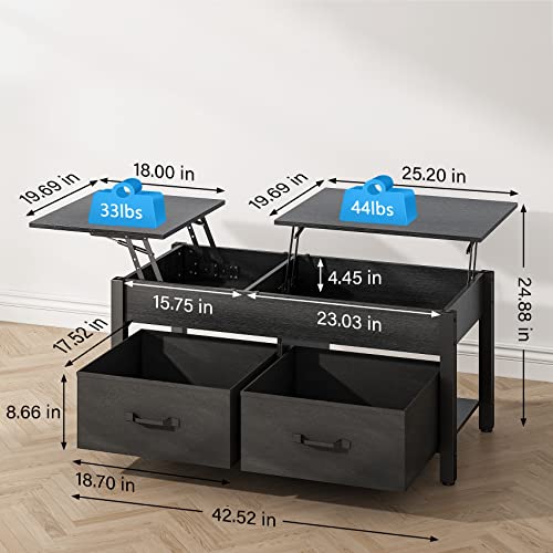 Ahvqevn 2 Way Lift Top Coffee Table With Hidden Compartments 2 Fabric Storage Baskets Rustic Wood Center Table With Tabletop Raisable Top For Living Room, Black #TOP2