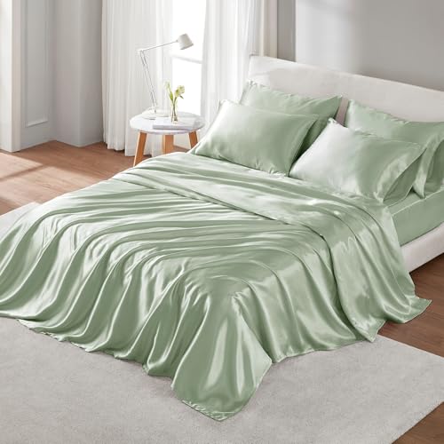 Image of Madison Park Essentials Satin Sheets Queen Size Bed Set, 6 Piece, Sage | Luxury and Smooth Silky Bedding with Natural Sheen, All Around Elastic 14 inch Pocket fits up to 16 inch Mattress, Year-Round Cozy
