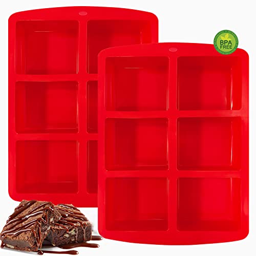 Walfos Mini Silicone Brownie Pan - 2 Piece 6-Cavity Non-stick Square Baking Pan, Perfect for Mini Brownies, Cornbread, Muffin and Cakes, BPA Free and Dishwasher Safe