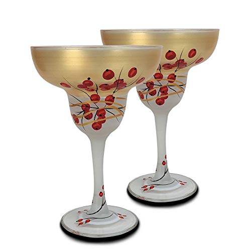 Set of 2 Berries & Branches Hand Painted Margarita Drinking Glasses - 12 Ounces
