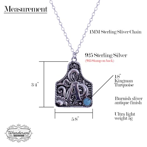 Western Cattle Tag Initial Necklace, 925 Sterling Silver, Kingman Turquoise,19 inches3