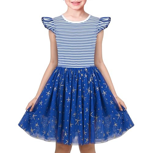 Robe fille bleu marin en tulle ébouriffé respirant et étoiles dorées pour fillette 7 ans