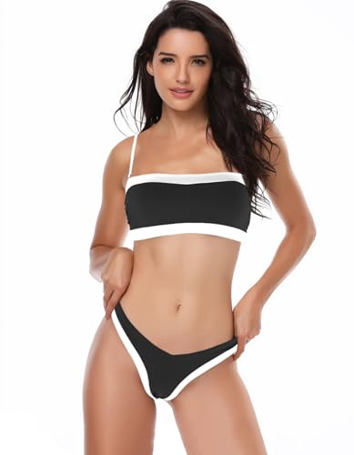 Leoparts Women's Colorblock Bikini Set Bandeau Spaghetti Strap High Cut Sexy Two Piece Swimsuit Bathing Suit4