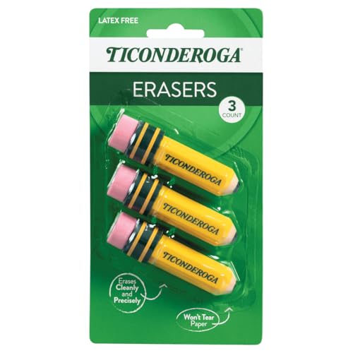 Image of Ticonderoga Pencil Shaped Erasers, 3 Erasers /Pack, 12 Packs | Yellow, 0.75 inch x 2.875 inch, #38953