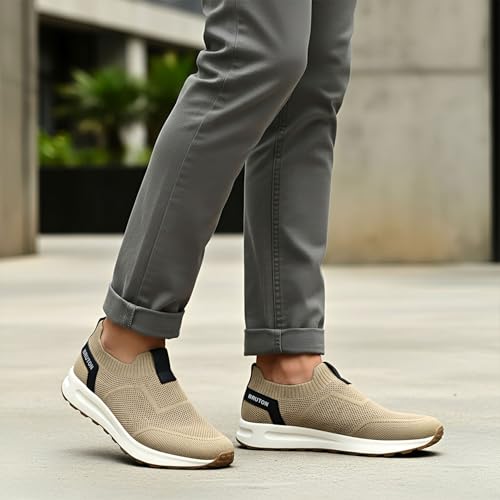 Image of BRUTON Men's Beige & Black Casual & Stylish Running Shoes | Lightweight Cushioned Lace-Up Shoes | Breathable Fashion Footwear for Walking, Travel, College