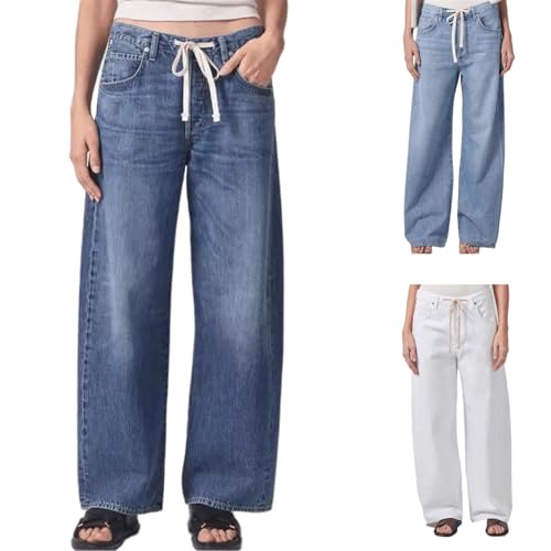 Jean Sweatpants Women Elastic Waist Drawstring Baggy Denim Pant High Waisted Baggy Straight Wide Leg Denim Pants
