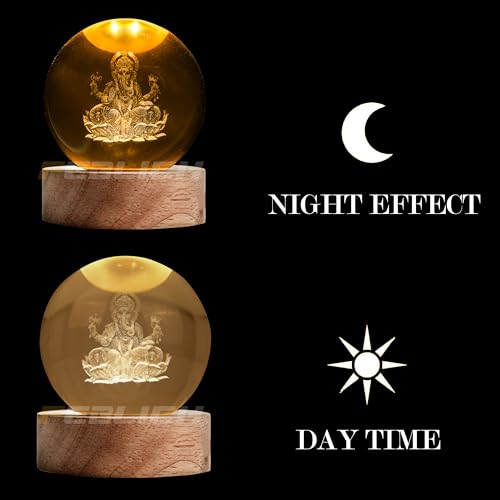 Image of 3D Ganesh Crystal Ball Night Lamp, Solar System Ganesha Crystal Ball Night Light, USB Table Colorful Led Wooden Crystel Ball for Home, Office, Birthday Gift (Ganesh)