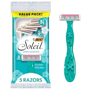 BIC Soleil Simply Sensitive Women&#39;s Disposable with 3 Blade Razors, Smooth Shave with Moisture Strip, 5-Pack
