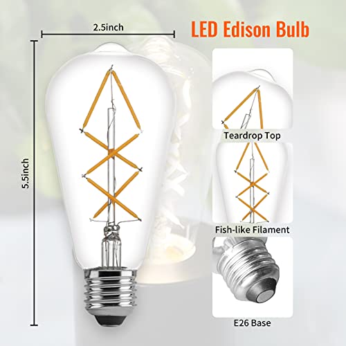 OMED Fishbone Filament LED Edison Bulbs, 60 Watt Equivalent ST64 E26 Dimmable Vintage Light Bulbs, 600Lumen 4000K Daylight White Spiral Old Fashioned Light Bulbs for Dining Room and Island Kitchen