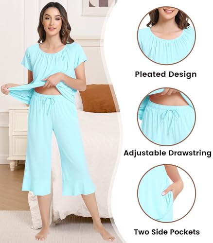 Image of NACHILA Pajamas for Women-Viscose Made from Bamboo,Short Sleeve Sleepwear Cooling Pjs Top with Capri Pants Pajama Sets