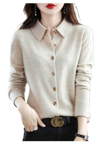 Cardigan Sweaters for Women 100% Wool Polo Neck Open Front Long Sleeve Button