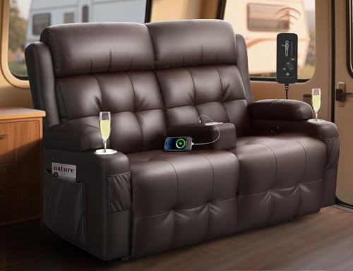 Tiooii RV Loveseat Recliner Sofa, Oversized Massage Wall Hugger Recliners with Insert Pockets, Cup Holders, Reclining Couch, 150° Adjustable Recline & Padded Armrests, for RV Furniture & Living Room