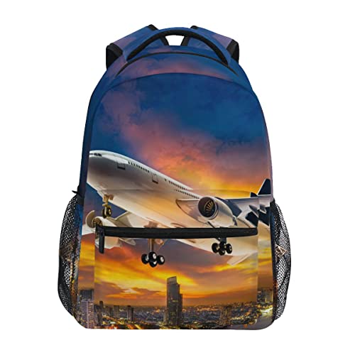 Airplane City Sunset Backpack School Book Bag Lightweight Laptop Backpack for Boys Girls Kids