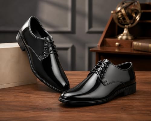 Image of High-Gloss Formal Derby Shoes, Patent Synthetic Upper, Airmix Sole, for Tuxedos and Formal Suits, Black-Tie Events