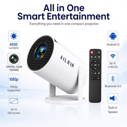 Image of AILKIN LED Best Projector, 1080P & 4K Ultra HD Support, 4500 Lumens | All OTT Apps (Netflix, Prime, Jio etc.) | Auto Keystone, WiFi /BT, HDMI, 12-inch Projector with WiFi 5G Bluetooth,150 Inch Display