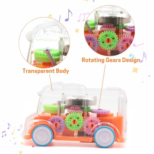 Image of ADITI TOYS Transparent Gear Bus for Kids, Mini School Bus with Tinkling Sound and Light Toy for Kids Above 3 Years, BIS Approved (Orange)
