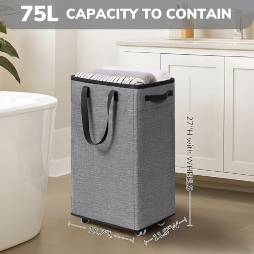 Image of Goodpick 75L Rolling Laundry Basket, Large Laundry Hamper with Handles and Removable Wash Bag, Space Saving for Laundry Room, Light Grey