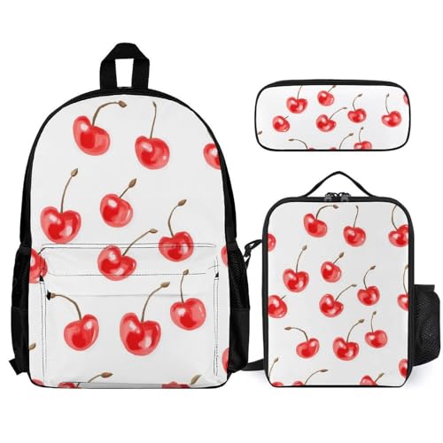 Cherries Backpack 3 Set with Lunch Bag Insulated Shoulder Meal Tote Bags Pencil Case Box Casual Daypack