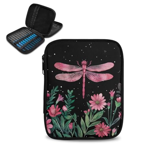 Image of Crochet Hook Case Elegant Dragonfly Crochet Hook Holder Portable Crochet Hook Storage Bag with Web Pockets Suitable for Crochet Needles /Knitting Accessories