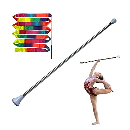 Dasiyoki Twirling Baton 26 Inches Spinning Dance Baton Metal Rhythmic Gymnastics Conducting Baton for Child in Majorette-Complete with 1 Dance Ribbon Rainbow Streamer (White,1 Pack)