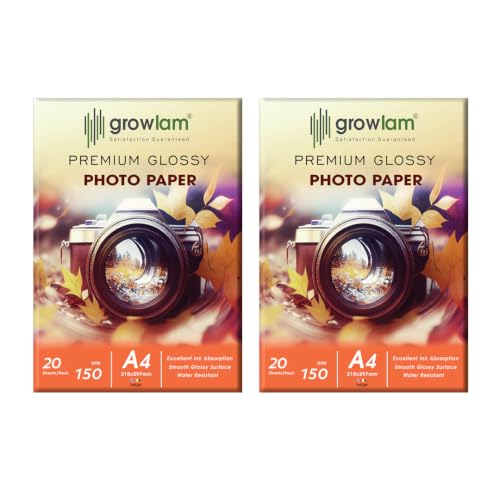 Image of Growlam Premium Glossy Photo Paper 150 GSM A4 Size, 20 Sheets (Pack of 2) | Inkjet Compatible, Perfect Image Rendering, Vivid & Sharp Colour Outputs