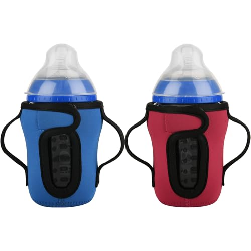 Image of Beautyflier Glass Baby Bottle Sleeve Covers for 9oz Nature Baby Bottles with Dual Handle, 3.8mm Thicken Heat and Cold Retention Baby Bottle Sleeve (Red+Blue)