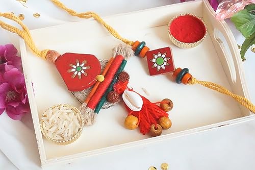 UtsaWe Rakhi Gift Box | Gift Box With Stylish Traditional Couple Rakhi Inside + Roli, Chawal, Greeting Card, Thali Set, and Chocolates | Rakhi Gift Hamper (Stylish Couple Rakhi)3