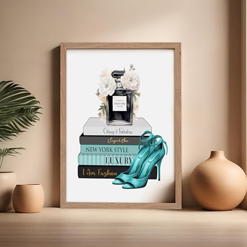 Image of Poster Master Designer Print - Fashion Poster - Shoes, Perfume & Flower Art - Chic Gift for Women & Fashionista - Luxury Haute Couture Decor for Bedroom or Girl's Room - 16x20 Beige Framed