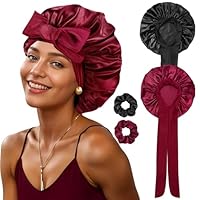 2 Stück Seidenhaube zum Schlafen, Weiche Satin Haarhaube mit 2 Scrunchies Schlafhaube Bonnet Sleep Cap Schlafmütze für Damen Mädchen (Schwarz, Weinrot)