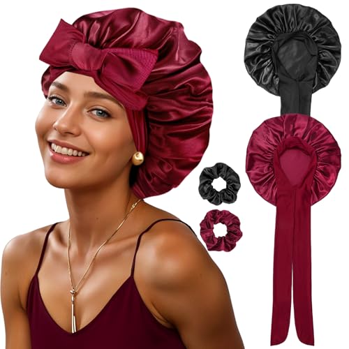 2 Stück Seidenhaube zum Schlafen, Weiche Satin Haarhaube mit 2 Scrunchies Schlafhaube Bonnet Sleep Cap Schlafmütze für Damen Mädchen (Schwarz, Weinrot)