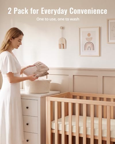 Image of Blissful Diary Muslin Mini Crib Sheets, 2 Pack, Beige Gingham&Brown Gingham | fitted for pack n play, soft and breathable cotton, boho style, easy care for machine wash, gifts for boys and girls