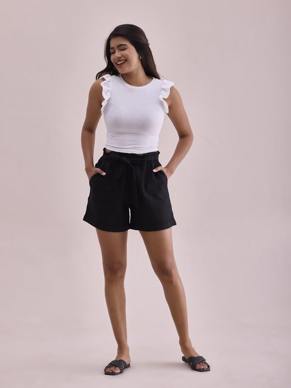 Image of GO COLORS Women Solid High Rise Relaxed Fit Linen Shorts