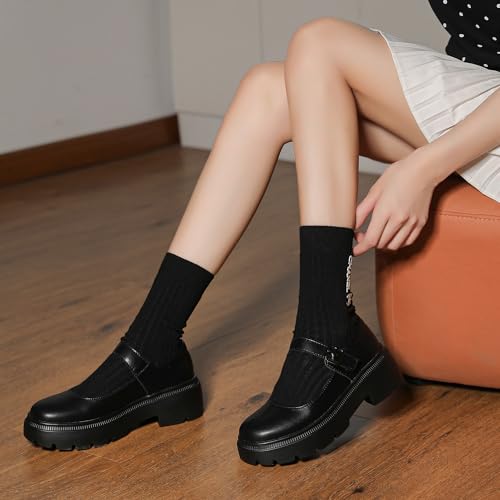 Ruiatoo Women's Mary Janes Shoes for Women Platform Low Heel Chunky Pumps Round Toe Oxford Dress Shoes Black 414
