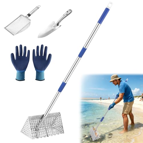 Sand Flea Rake 65 Inches Long Handle Stainless Steel Shark Tooth Sifter Detachable 11-Inch-Wide Drainage Mesh Beach Sand Sifter for Collecting Sand Fleas Shells and Sharks Teeth