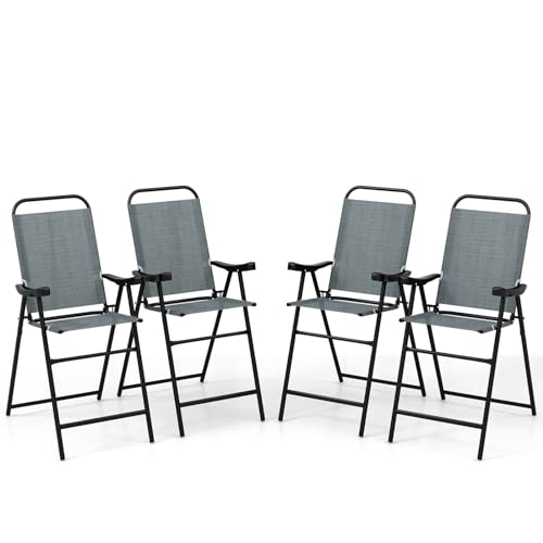 Image of COSTWAY 4 Pieces Patio Folding Bar Chairs with Metal Frame, Footrest, Arms
