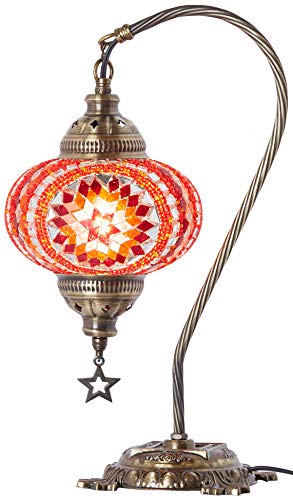 (33 Colors) DEMMEX Turkish Moroccan Mosaic Table Lamp with US Plug & Socket, Swan Neck Handmade Desk Bedside Table Night Lamp Decorative Tiffany Lamp Light, Antique Color Body Red (18)