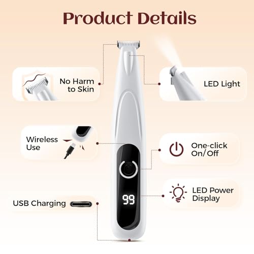 GlasFlength Pfotentrimmer für Hunde mit LED-Licht, One-Touch-Schalter Hundeschermaschine Leise Pfotentrimmer Kabellos Tragbare Hundepfoten Trimmer für Pfoten Ohren Gesicht Augen (Weiß)