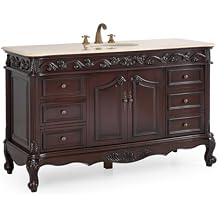 56 Inch Beckham Free-Standing Bathroom Vanity, Cherry Brown Finish, Single Sink, Cream Marble Top, Porcelain White Undermount Sink, 6 Drawers, Cabinet Storage Model CF-3882M-TK-56