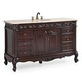 Benton Collection 56 Inch Beckham Free-Standing Bathroom Vanity, Cherry Brown Finish, Single Sink, Cream Marble Top, Porcelain White Undermount Sink, 6 Drawers, Cabinet Storage Model CF-3882M-TK-56