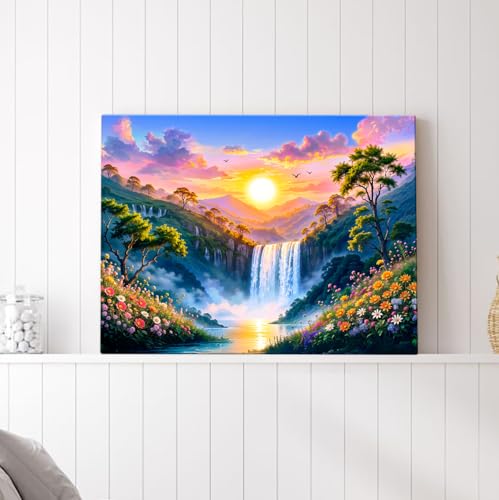 Image of ArtX Canvas Rising Sun Painting For Vastu, Big Size Wall Art Scenery, Water Stream, Waterfall Painting Vastu, Multicolor, Nature, 58.0 X 45.0 cm, Set of 1