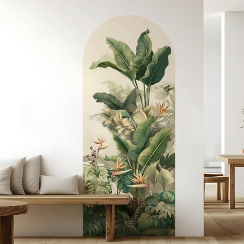 Image of PAPER PLANE DESIGN Tropical Arch Wall Mural - Peel & Stick Banana Leaf & Bird of Paradise Wallpaper - Waterproof Self Adhesive Canvas Texture for Bedroom, Living Room & Entryway, 6ft x 2.5ft (D)